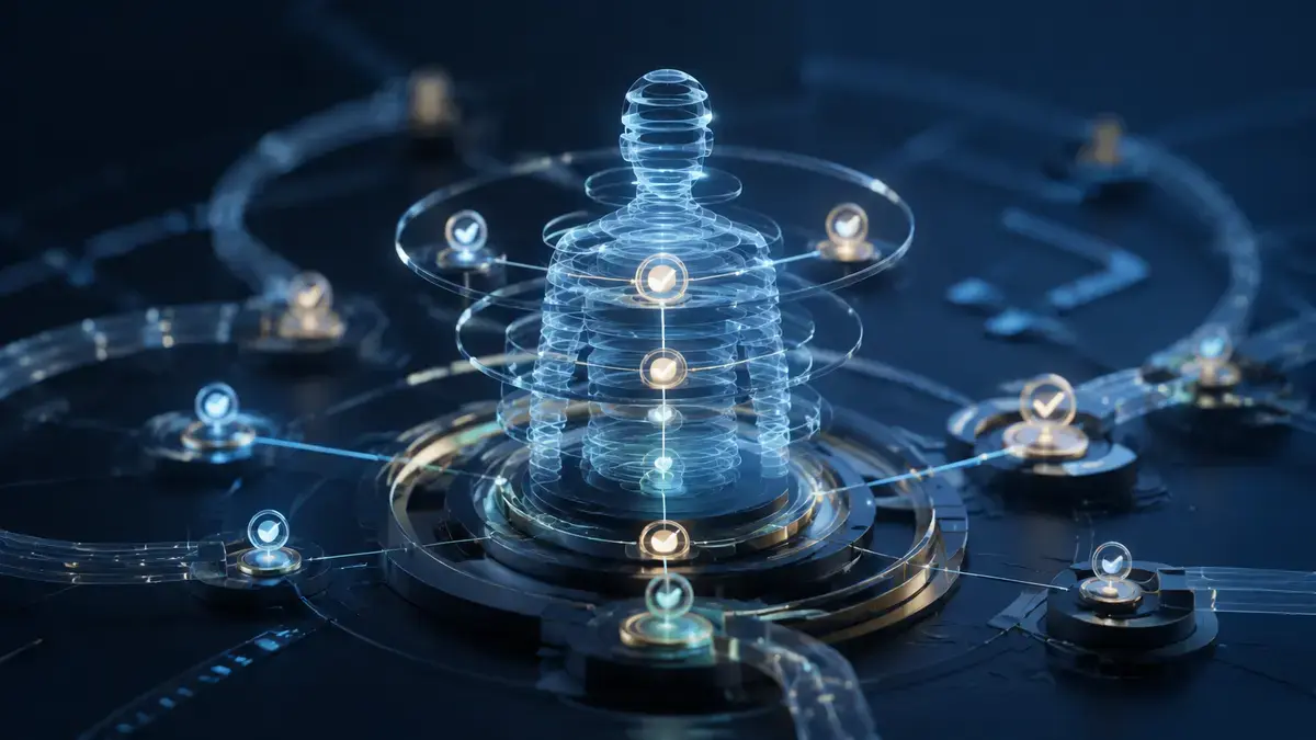Abstract human figure surrounded by governed AI decision and approval layers