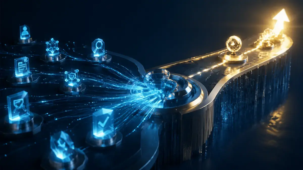 Evidence nodes converging into a governed opportunity intelligence path